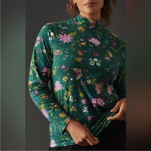 NEW Anthro Maeve green floral printed turtleneck long sleeve top Sz XS